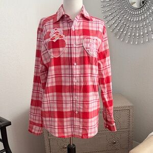 Strawberry shortcake Red Plaid Button-Up Shirt with Heart Patch pockets S
